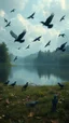 Placeholder: Bosch painting style nightmare , 3D , ababe by the lake from distant view surrounded by black birds, high Quality picture , 8k