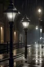 Placeholder: shower faucet as street lamps. Rainy street.