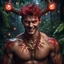 Placeholder: HYPER REALISTIC PHOTOGRAPHIC Middle Angle View Of A Handsome Muscular Young Man With Ritualistic Costume With Bone Necklace Unleashing Glowing Magic Balls, With A Fierce Devilish Smiling Expressions On His Face With Glowing Red Eyes With Short Messy Maroon Hair & Golden Horns In A Dark Dense Jungle At Dark Night With Fireflies Showing Dramatic & Cinematic Ambiance