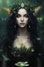 Placeholder: Frogs Water lilies Dark blue long hair Dark Fairy princess rapunzel hair queen crown butterflies dragonflies fireflies elven tiara flowers fairy wings emerald moss saphire