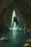 Placeholder: In Bosch painting style A scary hooded alien creature standings in lake with waterfalls in side a cave underground