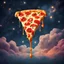 Placeholder: triangular slice of pizza dripping floats in a starry sky