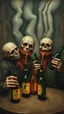 Placeholder: Hieronymus Bosch style nightmare men with alcohol bottles drunk