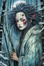 Placeholder: full color front facing portrait of a haggard and malevolent Harionago yokai "Barbed Woman" with wild, highly detailed hair and slim, narrow facial features, in a haunted snow clad, winter mountain bamboo forest, pierced by shafts of moonlight , art in the style of Alex Pardee, spirited away, studio ghibli, , 8k , finely detailed and precise line work, soft gauzy pastel colors