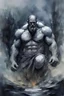 Placeholder: stone giant above the trees, vivid emotions, watercolor, photorealism, dark fantasy, bad weather, gloomy day, dark world, sketch art, fine lines, grunge, sensual, darkness, by Raymond Swanland & Alyssa Monks & Anna Razumovskaya