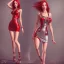 Placeholder: beautiful woman, red hair, mini dress, tall, long legs