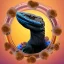 Placeholder: Floating in a sunset black monitor lizard with a flower crown on and bubbles floating around