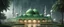 Placeholder: Hyper Realistic massive huge green mosque with white flags on the roofs at a rainy night with grass & mango trees