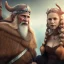 Placeholder: Viking theme, a younger woman sitting next to a 50-year-old man, portrait, 8K, close-up face, anatomically perfect face, Highly detailed stunning full frame portrait, misty and cloudy atmosphere