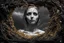 Placeholder: surrealis monochrome A fragmented, surreal sculpture liguid color of photorealistic image 3d,psychedelic art of small a women face glossy emerging from dreamlike a crumbling building. The face appears pale with deep cracks and intricate details, evoking a haunting expression. Blackened tree branches intertwine with the gold mengkilat cracks, set against a backdrop of stormy, cloud-filled skies. bauhaus art The overall tone is dark and moody, suggesting themes of decay and transformation. Include