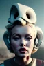 Placeholder: Ultra Realistic retro sci-fi scene, portrait, blonde woman, sweet young Marilyn Monroe face, perfect iris, tight latex coat, Strange planet background, Retro sci-fi style helmet, plants, birds, fog, rain, soft color, highly detailed, unreal engine 5, ray tracing, RTX, lumen lighting, ultra detail, volumetric lighting, 3d, finely drawn, high definition, high resolution.