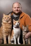 Placeholder: Jon Arbuckle and his pets, a big, fat, orange tabby cat named Garfield, a small, beagle dog named Odie, and a small gray tabby cat named Nermal - gradated Background, professional quality studio 8x10 UHD Digital photograph, multicolored spotlight, Photorealistic, realistic stock photo, Professional quality Photograph. colored Fog - Multicolored lighting,