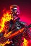 Placeholder: 4k realistic terminator surrounded by flames with a red punk crest playing bass.