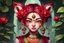 Placeholder: It's a girl in her 20s. She is one of the guards of the sacred temple. She has ears and tail like a red panda. Where the eyes are, there are red colored flowers drawn there. Her eyes are green. Her hair color is dark red. The girl has green lotus earrings hanging from her ears. There are also arnamentations of autumn red leaves on her skin. The clothes are black in color. There is a tiger painted on the clothes. The girl's hair is fluffy and long.