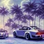 Placeholder: 1980's aesthetic vaporwave palm trees with porsche in the winter snow with lightning