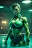 Placeholder: green muscular super mutant police woman in cyan pool in fallout 4 setting, bokeh, downlight, prize winning, depth of field, in the style of ivo caprino, backlight, aura