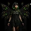 Placeholder: Full body, gothic woman with a bob with a fringe hairstyle, steampunk metal moth wings, green markings, black background