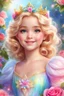 Placeholder: Adorable digital painting of a beautiful little girl in a gorgeous rainbow princess dress, portrait of Elsa, sparkling crown, front view, beautiful smile, shiny golden curly hair, angel eyes, beautiful face, rosy cheeks, pink lips, Elsa face, digital art, surrounded by paradise garden and roses in the background, romantic style, pastel world, high quality, 4k