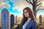 Placeholder: A beautiful light brown-haired, light-skinned woman in an elegant blue suit, graveyard and clocks highly detailed digital painting elegant very attractive beautiful award winning fantastic view crisp quality very cute acrylic art in the sunlight