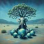 Placeholder: elephant in the lotus position under a yew tree in the desert, ethereal blue green earth globes circle the elephant, fantastical, mystical, oil painting, arcane, symbolic