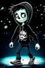 Placeholder: a cute animation boy, skateboarding , trendy hoody, 8 k, tim Burton skeleton style from the movie "night before Xmas", realistic animation, gothic