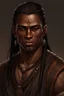 Placeholder: a man in his fourties, brown skin, slanted eyes, strong round face, scarred cheek, long braided black hair, dark brown vest, realistic epic fantasy style