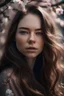 Placeholder: An incredibliy detailed close up macro shot of a 20 years old female model, long wavy hair, an artistic portrait, detailed skin, detailed hair, facing to the camera, looking at the camera, cherry blossom falling in the shot, dreamy mood, film photography, realistic, low aperture, bright image, cute, artwork, Canon EOS R7, HD, white dress