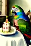 Placeholder: Parrot wearing jarmulke is sitting at a table with a birthday cake. Watercolour