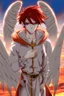 Placeholder: An anime adult male angel with messy red hair, gold eyes, large feathered white wings that looked burned