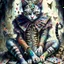 Placeholder: Harlequin cat patchwork art by cameron gray epic poster, Hyper realistic cat clown. sits on a pile of bones and skulls watercolor painting, Jean-Baptiste Monge style, bright, beautiful in spring, splash, big perfect eyes, rim lighting, lights, magic, fantasy, digital art, wlop, artgerm and james jean Modifiers: 8k cinematic lighting photorealistic 4K 3D crisp quality hdr Ultra realistic Gian Lorenzo Bernini Geometric and cubist