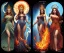 Placeholder: Four doll divine representing each one the four elements: fire, earth, air, and water. Mark Brooks and Dan Mumford, comic book art, perfect, smooth elemental galactic space core royalty queens crown.