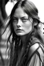 Placeholder: a black and white photo of a woman with long hair, lola dupre, satyr, trending on pinterest. com, by Rebecca Horn, 1920s vibes, pretty female phoebe tonkin, trending on artforum, inuit heritage, 1950s photograph, rene margitte, tassels, pigtail, björk, model photograph