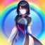 Placeholder: Clear Focus, High resolution, girl wearing a 1980 outfit, rainbow eyes, medium hair length, black hair with a gradient of rainbow