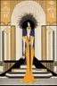 Placeholder: a woman with feathers in an Art Deco foyer by artist "Erté"