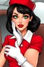 Placeholder: realistic cartoon in the style of Francois Walthery's Natacha series of adventurous, elegant brunette French stewardess lady, aged 55, posing in a tight, short, red uniform dress. She has green eyes, strong makeup, big bright red lips, long lashes and shiny white latex gloves. She looks a bit like Jeanna Fine.