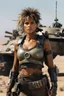 Placeholder: The scene zooms in on Halle Berry, her eyes focused and determined, as she stands before her tank in the desolate wasteland. The tank, a hulking metal beast, is adorned with makeshift armor and weapons, a testament to Tank Girl's resourcefulness and resilience. As the wind whips through her hair, Berry's character, Tank Girl, adjusts her goggles and tightens the straps of her leather jacket. She carries herself with a raw intensity, ready to face the dangers that lie ahead. The wasteland may be