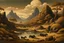 Placeholder: Sepia brown tar pits near a mountain painted by Thomas Hart Benton