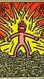 Placeholder: A light rosy orange colored volcano with spewing fire painted by Keith Haring