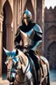 Placeholder: Arab cyborg warrior Full Body Full Armored helmet,Wearing Face Mask Iron Masculine Mysterious Powerful Fantasy High Quality clothes,drivin on horse,islamic city background