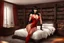 Placeholder: photorealistic Vampirella in a bedroom with wooden furniture, bookcases and opulence