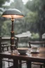 Placeholder: coffee on table and its raining heavily outisde, trees and old lamp