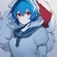 Placeholder: Clear focus, High resolution, rough line sketch art, cute, cartoon, medium blue hair, hair between eyes, fluffy hair, red eyes, wearing a sailor uniform