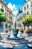 Placeholder: Street , city , plants , fountain , colours , beautiful, drawing