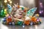 Placeholder: closeup, cute chibi sleeping fairy, Coloured glass flowers set with gemstones, glittering metal stems and gemstone leaves on a room table sharp focus elegant extremely detailed intricate very attractive beautiful dynamic lighting fantastic view crisp quality exquisite detail in the sunshine gems and jewels