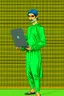 Placeholder: Modern guy, 20s, holding "laptop" in left hand, looks like a renaissance painting, walking forward, full body, "persian green", "right hand pointing down". "Front facing"