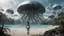 Placeholder: Detailed matte painting of a wide-angle shot of a woman, standing on the right side of an alien beach, with dark hair in a silver robotic catsuit, many large floating jellyfish with octopus tentacles, alien jungle trees in the distance