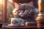 Placeholder: cute fluffy cat in a coffeehouse in sunshine Weight:1 detailed matte painting, deep color, fantastical, intricate detail, splash screen, complementary colors, fantasy concept art, 8k resolution trending on Artstation Unreal Engine 5 Weight:0.9