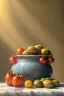 Placeholder: renaissance style still life composite, Ravioli pasta with natural cherry tomato, albahaca, olives, olive oil. Dish, moisture, art, natural, ornaments, ceramic, marble, high kitchen, smooth, god rays, unreal engine 5, ray tracing, RTX, lumen lighting, ultra detail, volumetric lighting, 3d.