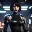 Placeholder: black haired futuristic assassin, short bob hairstyle, dark eyeshadow, black bodysuit, black lipstick, relaxed confident powerful intense, slight smile, Unreal Engine rendering, 8k, video game character