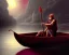 Placeholder: Charon the ferryman in his boat on the river Styx, red black purple colours, 8k, high definition, fantasy art, winding river, sharp jagged rocks, high contrast colours, sharp colours